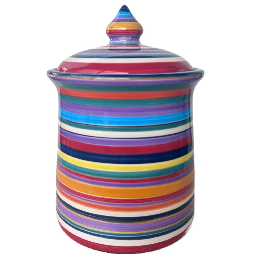 Tabletops Unlimited HAVANA Multicolor Striped 9” Hand Painted Canister & Lid